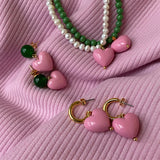 Sweet Pink Heart Pendant Earrings Freshwater Pearl Contrast Earring