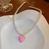Sweet Pink Heart Pendant Earrings Freshwater Pearl Contrast Earring