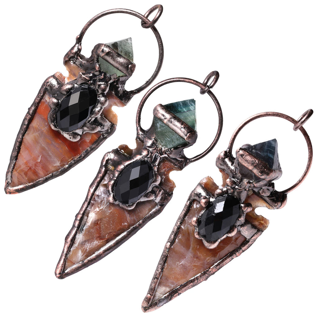 Vintage Sword Shape Indian Agate Healing Fluorite Stone Point Wand Pendant