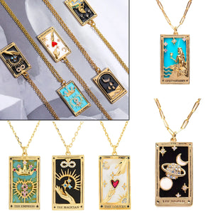 Vintage Tarot Necklace Geometric Square Pendant Star Moon Sun Queen Grail Knight