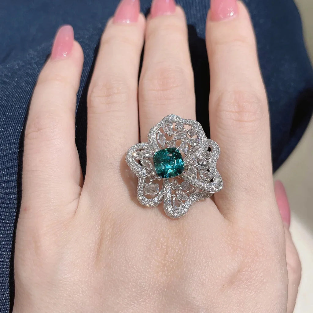 Vintage Flower Ring Green Zircon Stone Wedding Silver Rings