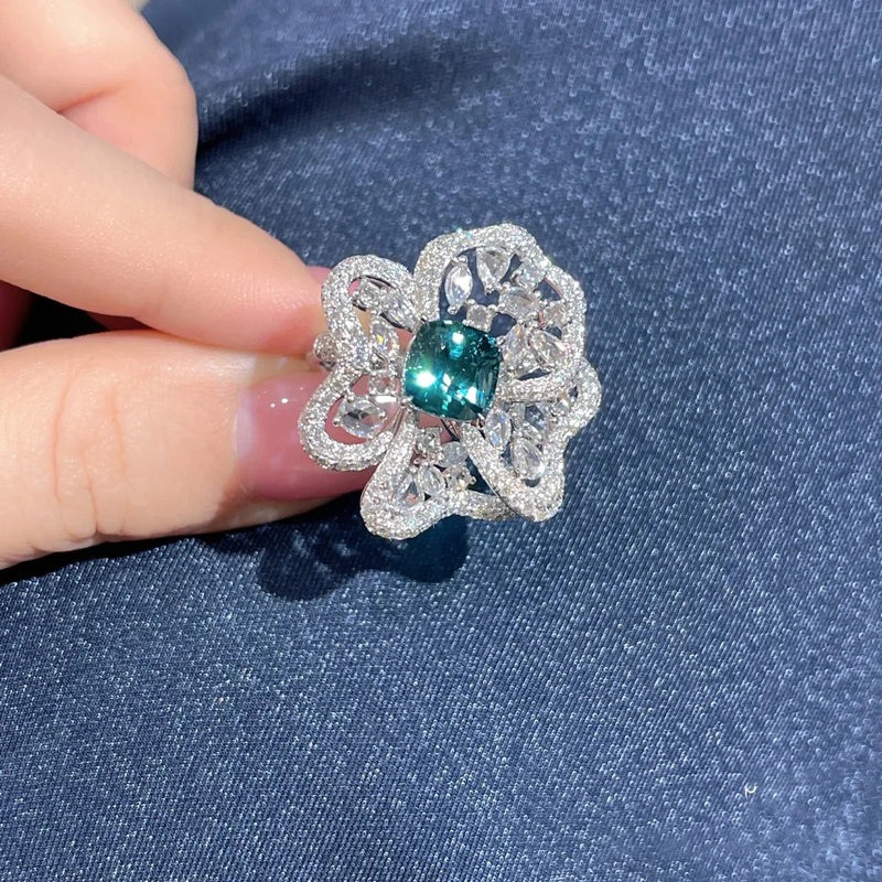 Vintage Flower Ring Green Zircon Stone Wedding Silver Rings