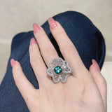 Vintage Flower Ring Green Zircon Stone Wedding Silver Rings