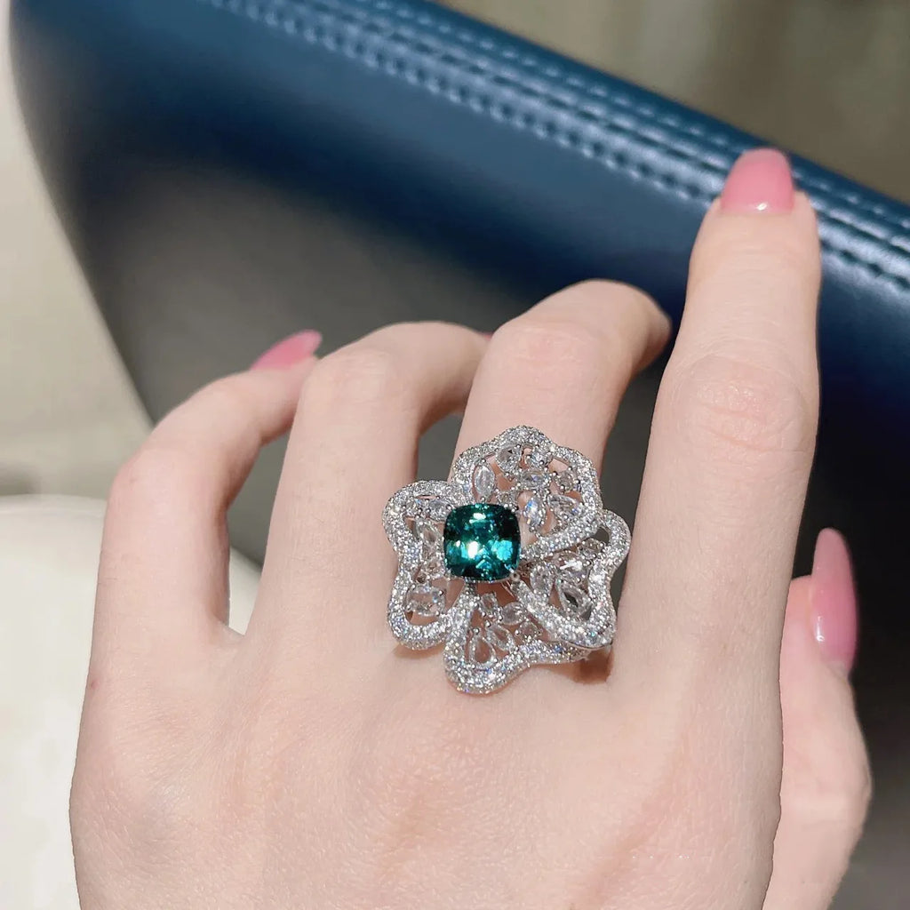 Vintage Flower Ring Green Zircon Stone Wedding Silver Rings