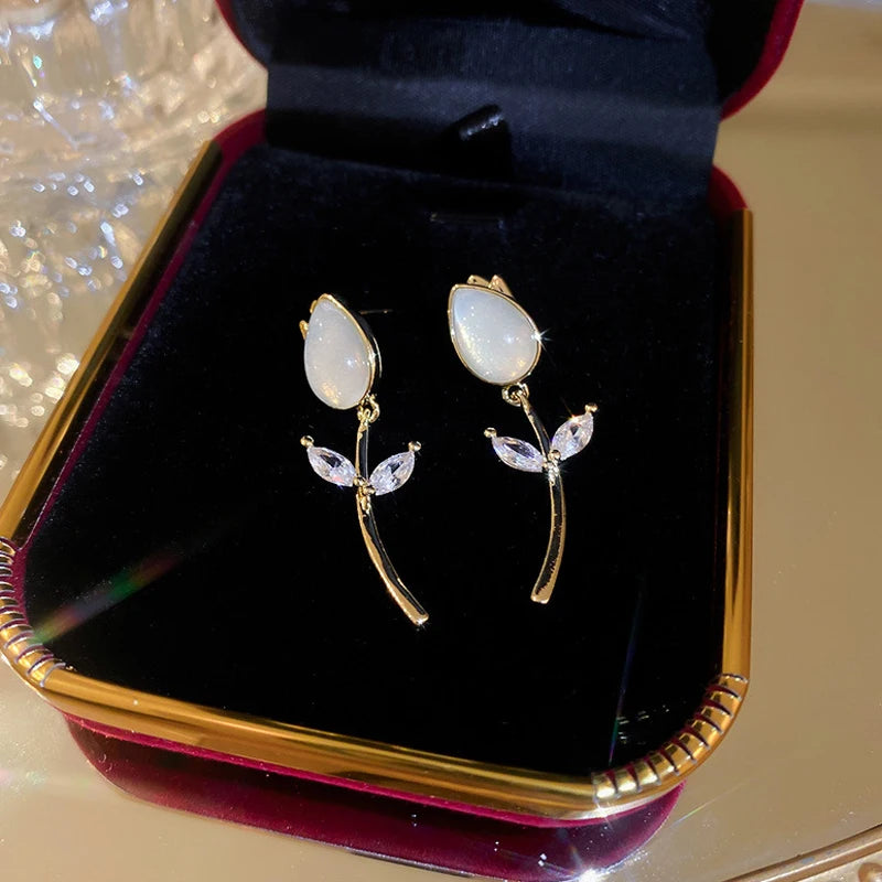 Vintage Opal Tulip Earrings 14K Zircon Studs Wedding Jewelry Gift