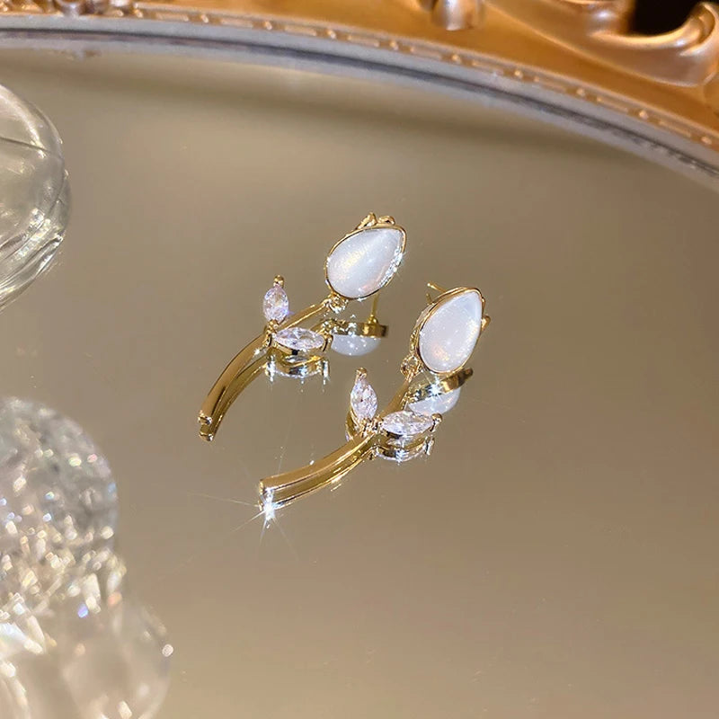 Vintage Opal Tulip Earrings 14K Zircon Studs Wedding Jewelry Gift