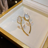 Vintage Opal Tulip Earrings 14K Zircon Studs Wedding Jewelry Gift