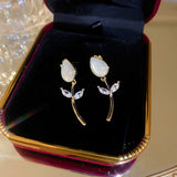 Vintage Opal Tulip Earrings 14K Zircon Studs Wedding Jewelry Gift