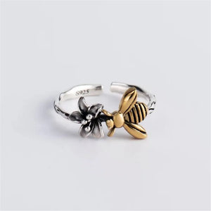 Vintage Thai Silver 925 Bee Flowers Open Rings Women Girl Jewelry Gift