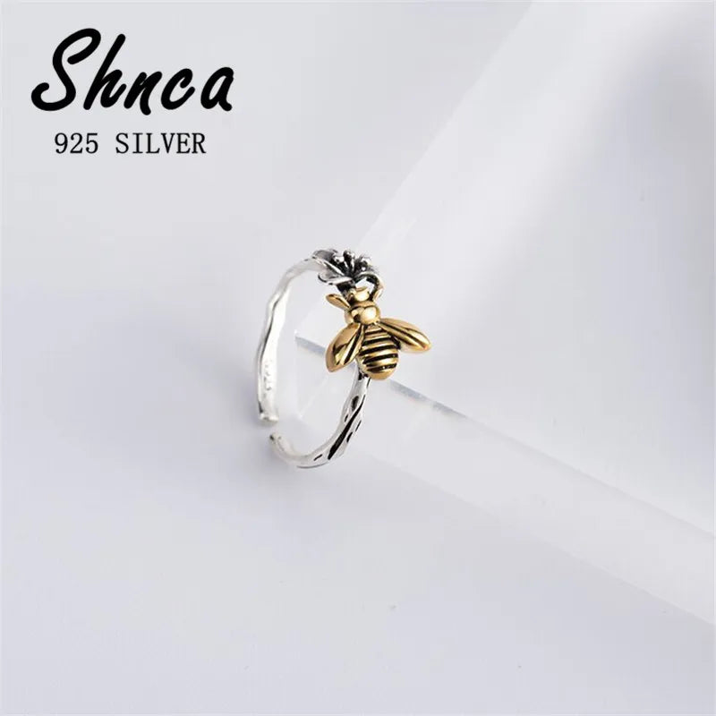 Vintage Thai Silver 925 Bee Flowers Open Rings Women Girl Jewelry Gift