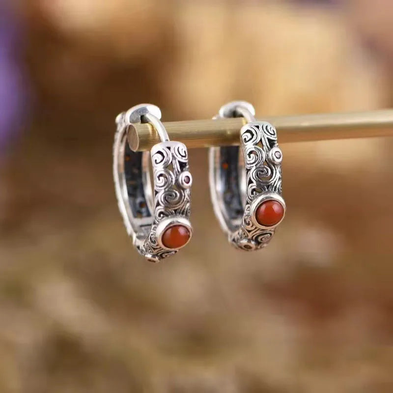 Vintage Thai Silver Ear Buckle For Men Women Auspicious Clouds Earring