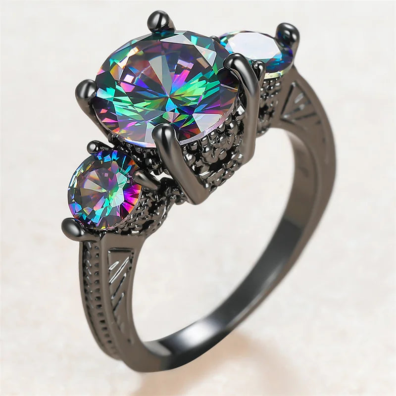 Vintage Three Stone Round Cut Rainbow Stone Plated Rings for Women