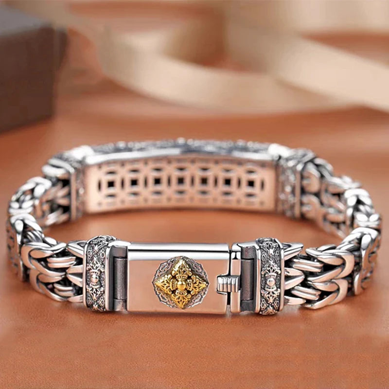 Tibetan Silver Diamond Pestle Peace Men's Bracelet
