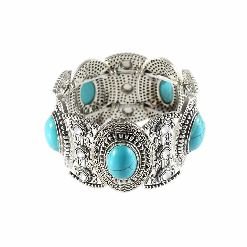 Vintage Tibetan Silver Inlaid Beads Bangle Bracelet Ethnic Style Nepal Wide Cuff
