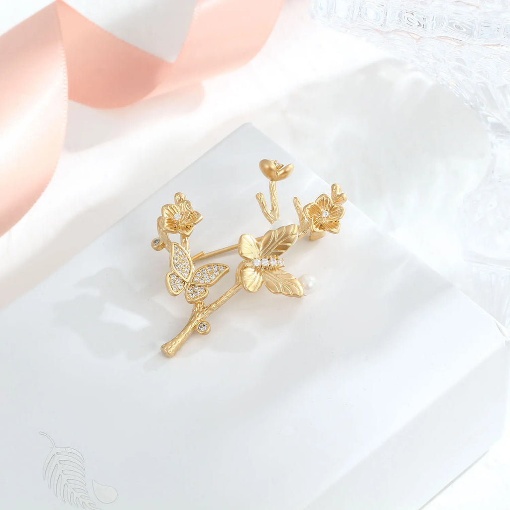 Vintage Tree Copper Brooches for Women, Pearl Zircon Butterfly Pins