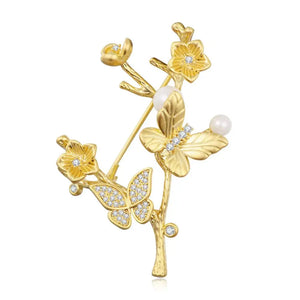 Vintage Tree Copper Brooches for Women, Pearl Zircon Butterfly Pins