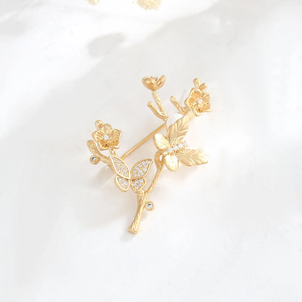 Vintage Tree Copper Brooches for Women, Pearl Zircon Butterfly Pins