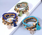 Vintage Tree Of Life Charm Beaded Bracelet Set Women Wood Beaded Bangle