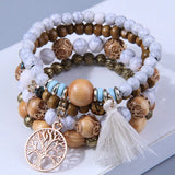 Vintage Tree Of Life Charm Beaded Bracelet Set Women Wood Beaded Bangle