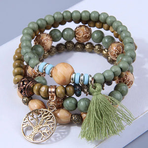 Vintage Tree Of Life Charm Beaded Bracelet Set Women Wood Beaded Bangle