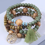 Vintage Tree Of Life Charm Beaded Bracelet Set Women Wood Beaded Bangle
