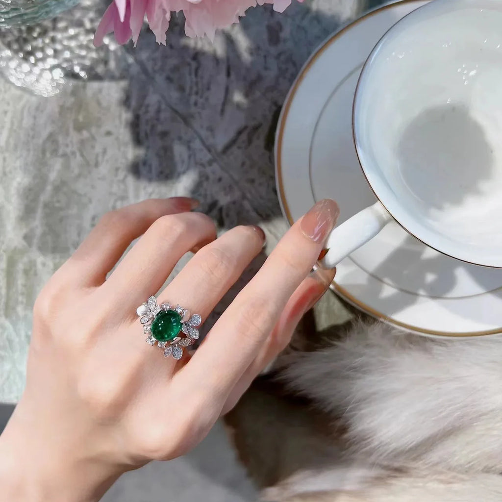 Vintage Oval Simulated Emerald Ring Silver Leaves Open Rings for Women