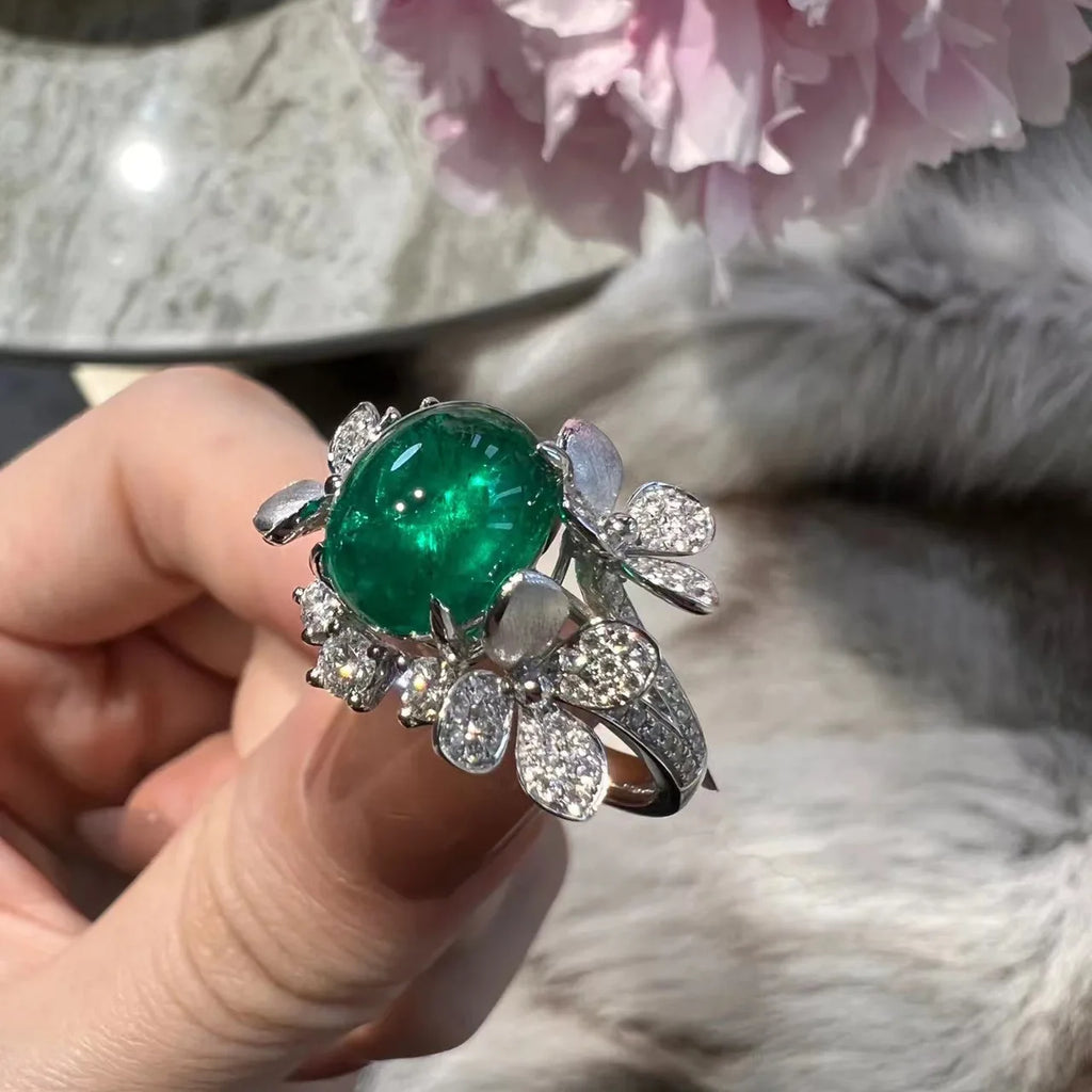 Vintage Oval Simulated Emerald Ring Silver Leaves Open Rings for Women