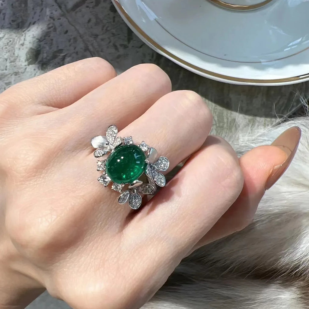 Vintage Oval Simulated Emerald Ring Silver Leaves Open Rings for Women