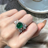 Vintage Oval Simulated Emerald Ring Silver Leaves Open Rings for Women