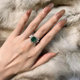 Vintage Oval Simulated Emerald Ring Silver Leaves Open Rings for Women