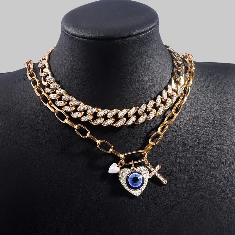 Crystal Heart Evil Eyes Cuban Chain Necklace Multilayer