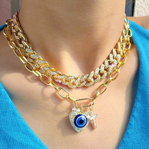 Crystal Heart Evil Eyes Cuban Chain Necklace Multilayer