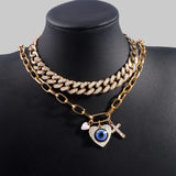 Crystal Heart Evil Eyes Cuban Chain Necklace Multilayer