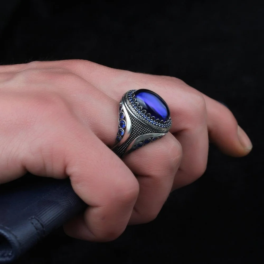 Vintage Zircon Silver Geometric Men's Ring