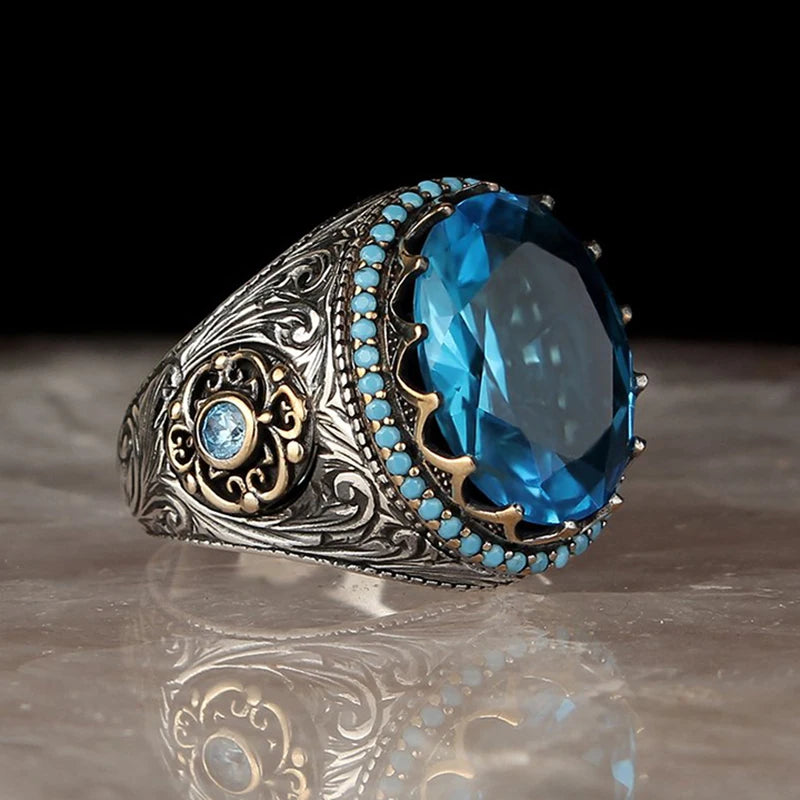 Vintage Zircon Silver Geometric Men's Ring