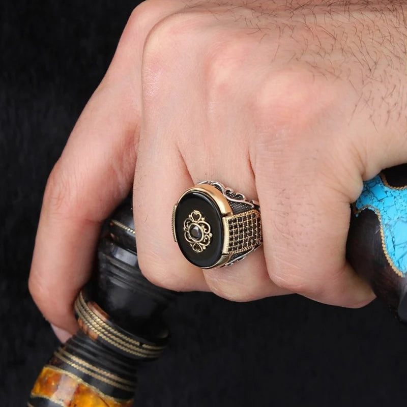Vintage Zircon Silver Geometric Men's Ring