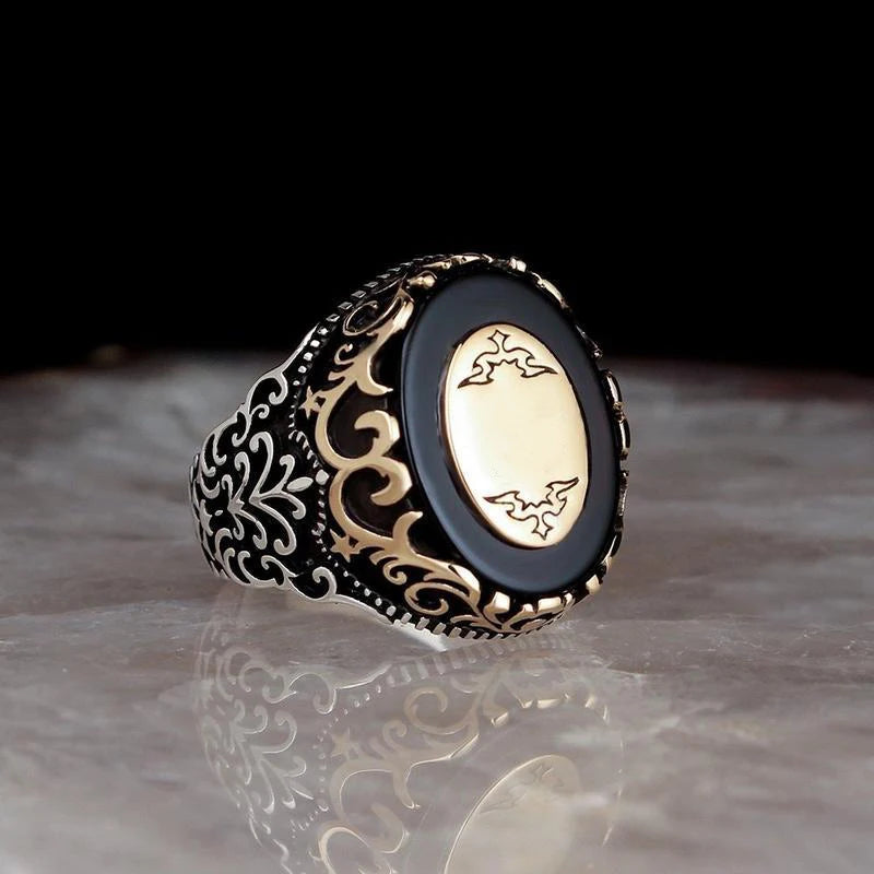 Vintage Silver Ring Retro Carved Zircon Stone Punk Muslim Jewelry