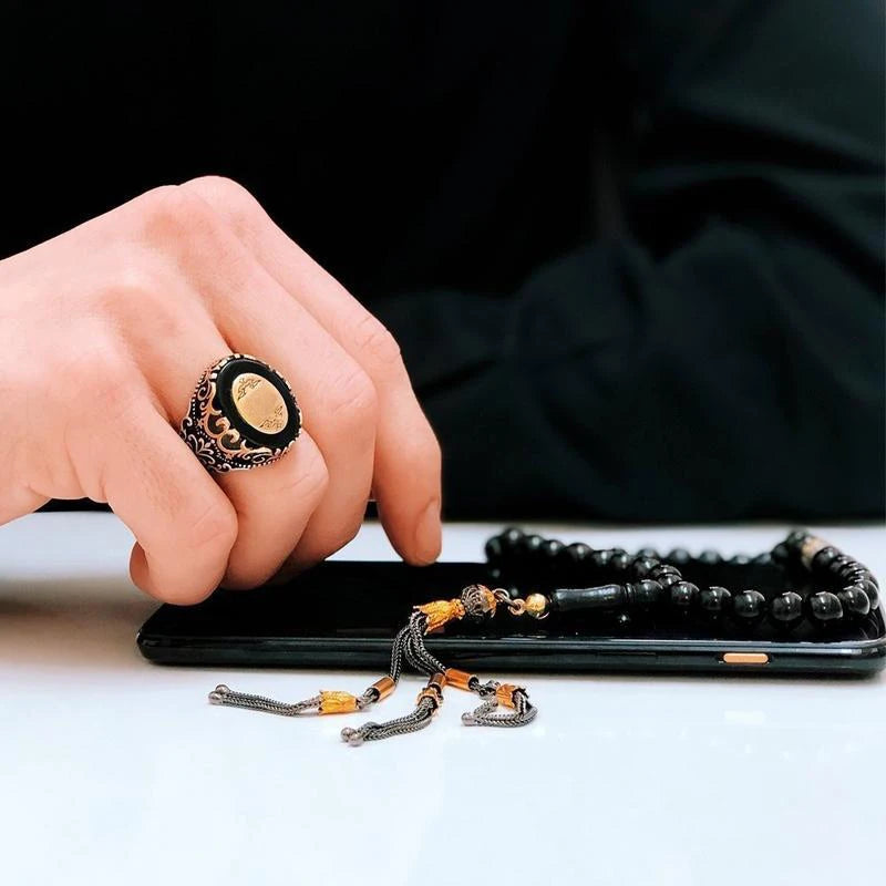 Vintage Silver Ring Retro Carved Zircon Stone Punk Muslim Jewelry