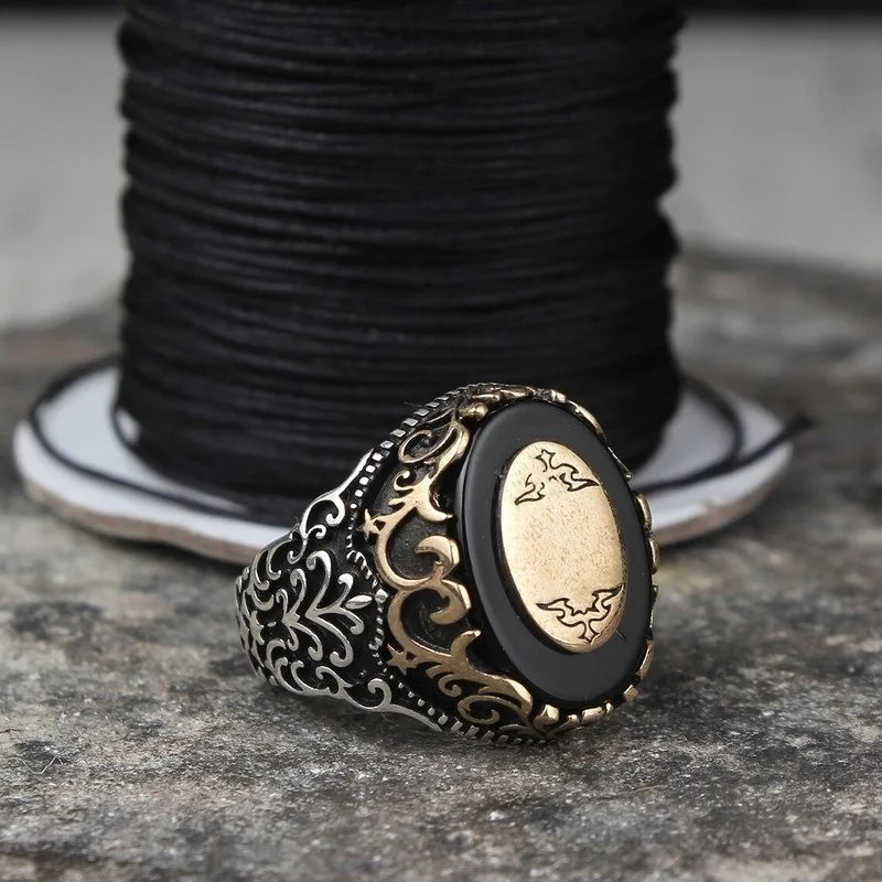 Vintage Silver Ring Retro Carved Zircon Stone Punk Muslim Jewelry