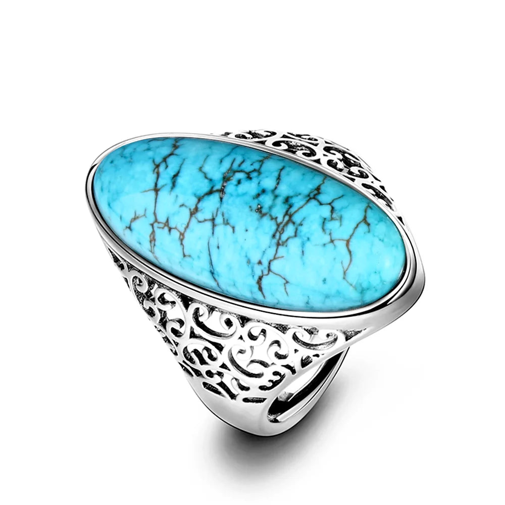 Vintage Turquoise Hollow Ring 925 Sterling Silver Fine Jewelry