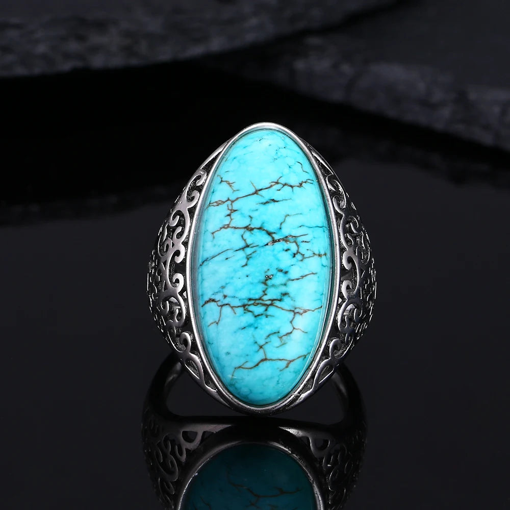 Vintage Turquoise Hollow Ring 925 Sterling Silver Fine Jewelry
