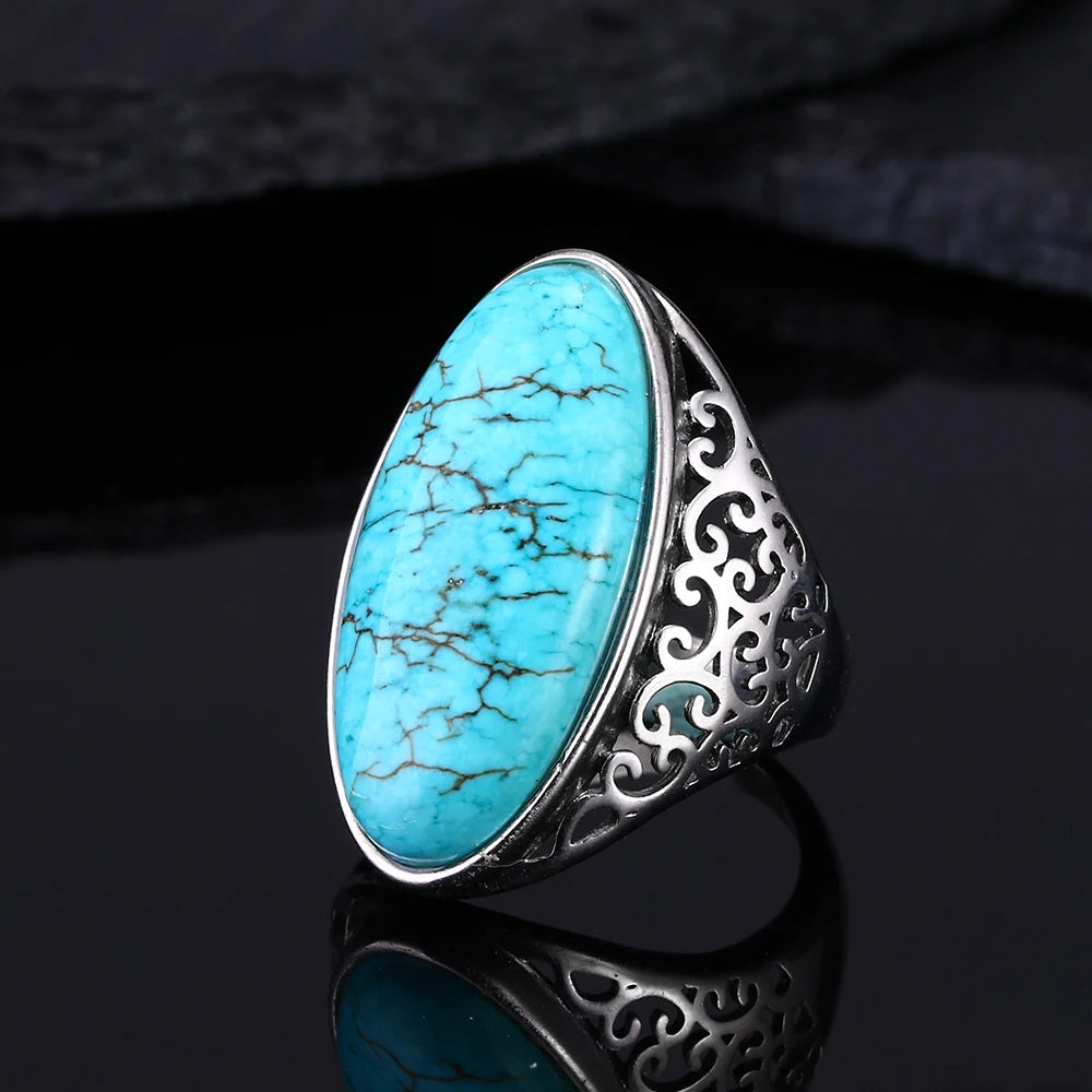 Vintage Turquoise Hollow Ring 925 Sterling Silver Fine Jewelry