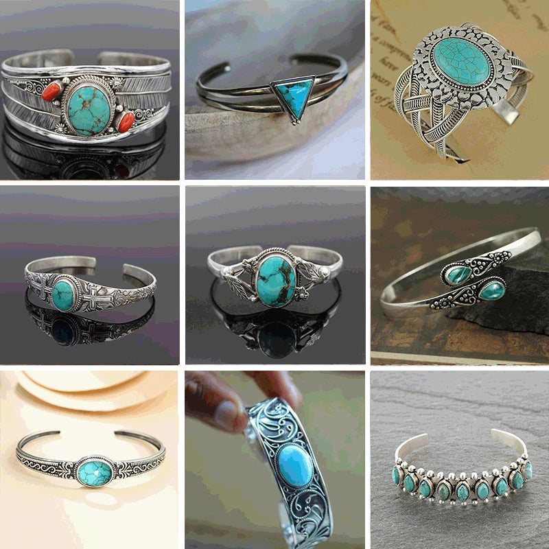 Vintage Turquoise Stone Bracelet Open Adjustable Cuff Bangle