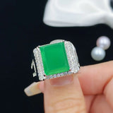 Vintage Sterling 925 Silver Zircon Green Agate Ring for Women