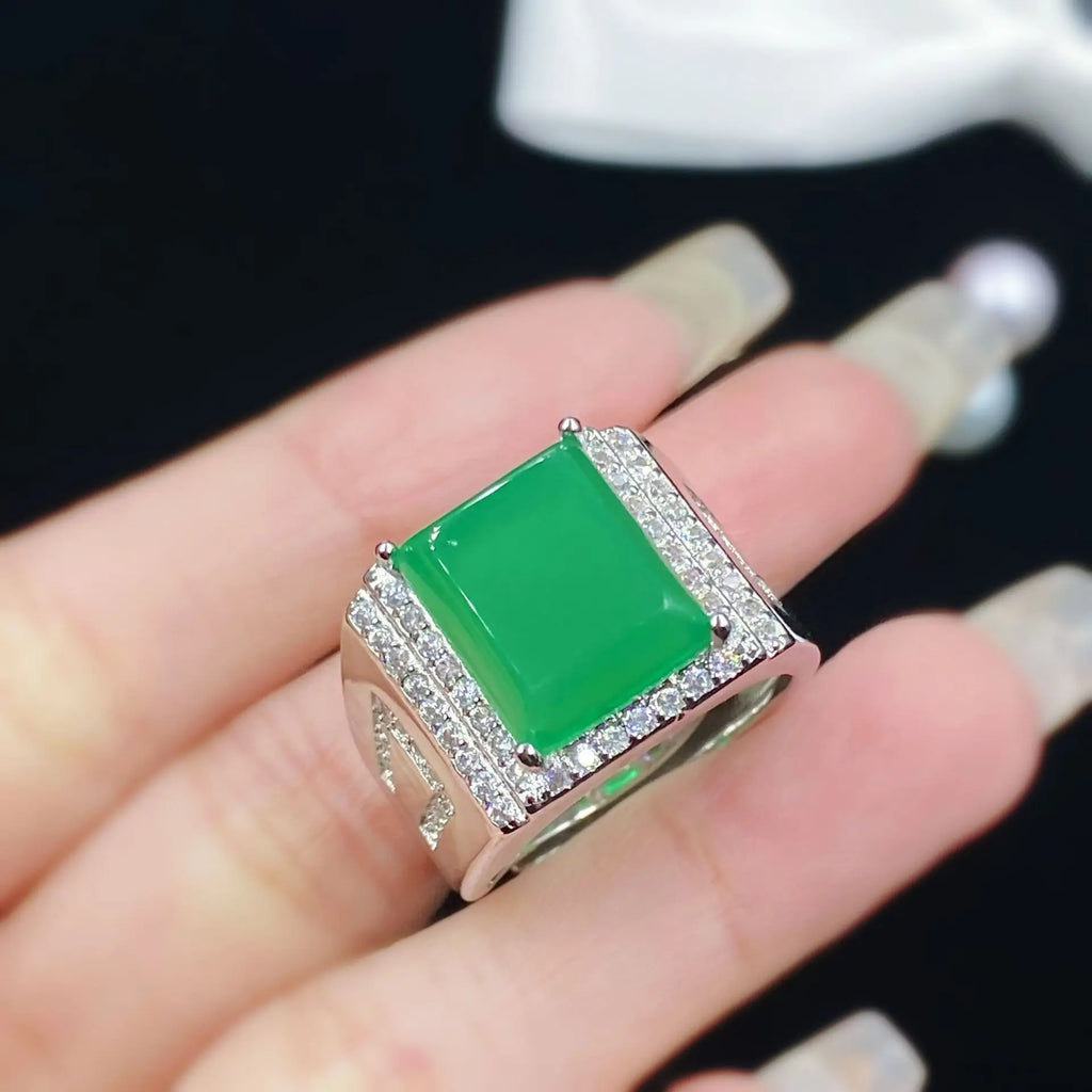 Vintage Sterling 925 Silver Zircon Green Agate Ring for Women
