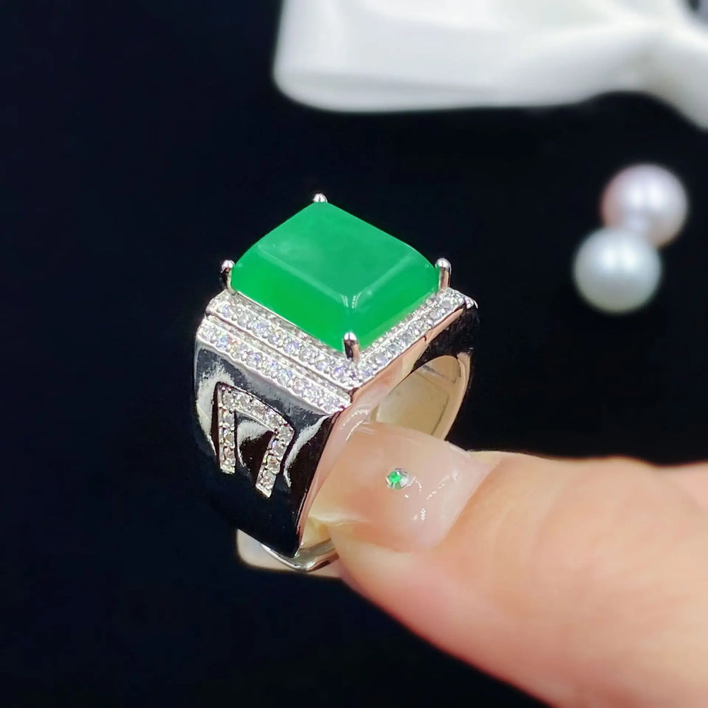Vintage Sterling 925 Silver Zircon Green Agate Ring for Women