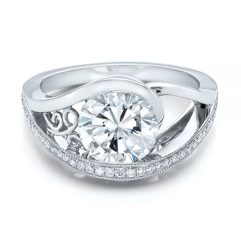Vintage Round Cut CZ Wedding Ring Hollowed-out Pattern Retro Jewelry