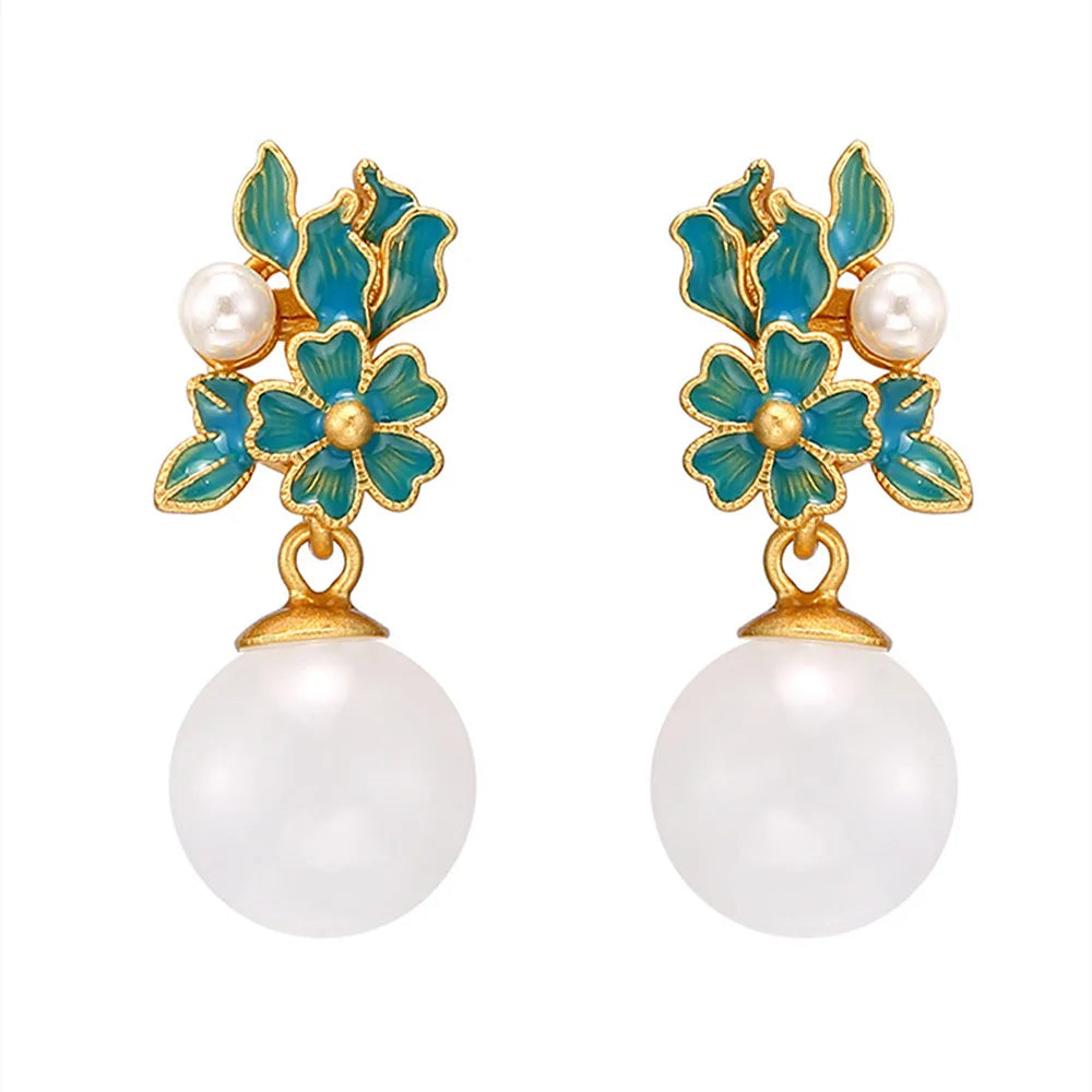 Vintage Jade Enamel Flowers Drop Earrings for Women Unique Jewelry Brincos