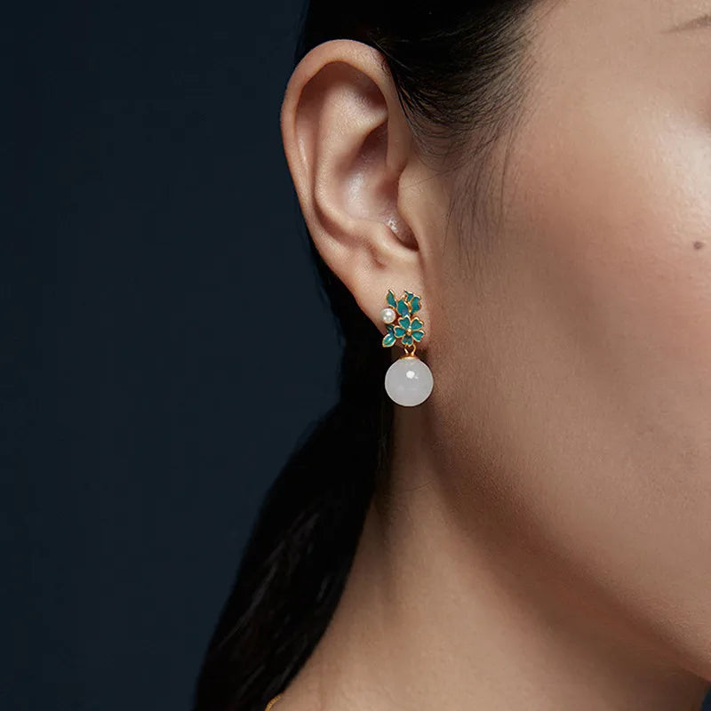 Vintage Jade Enamel Flowers Drop Earrings for Women Unique Jewelry Brincos