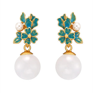 Vintage Jade Enamel Flowers Drop Earrings for Women Unique Jewelry Brincos